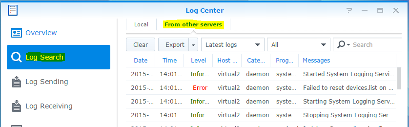 synology log center logs from other servers