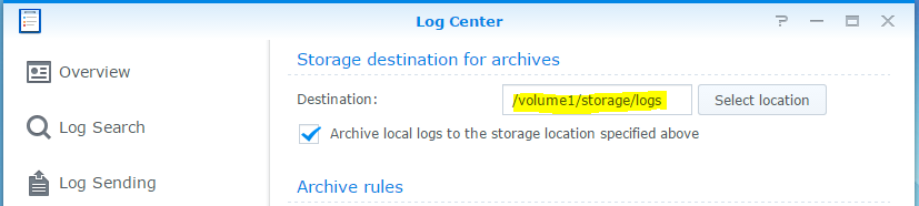 synology log center storage settings